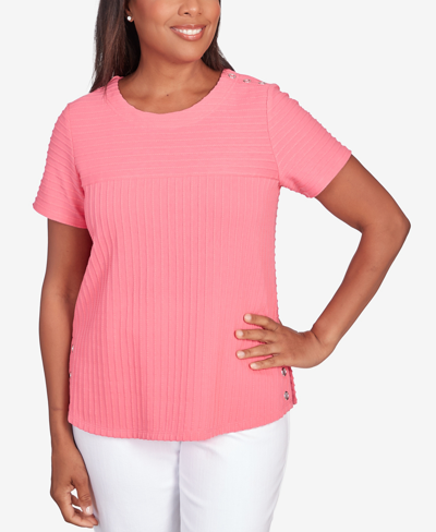 Alfred Dunner Petite Classic Brights Solid Texture Split Shirttail T-shirt In Geranium