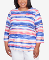 ALFRED DUNNER PLUS SIZE CLASSIC BRIGHTS WATERCOLOR STRIPE PLEATED NECK TOP