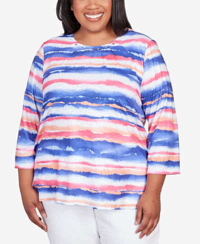 Alfred Dunner Plus Size Classic Brights Watercolor Stripe Pleated Neck Top In Multi