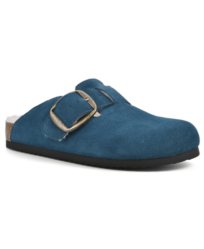 White Mountain Women's Big Sur Slip On Clogs In Petro Blue Suede With Fur
