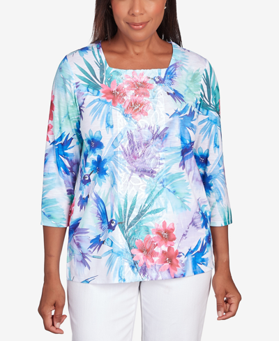 Alfred Dunner Petite Classic Brights Tropical Birds Lace Paneled Top In Multi