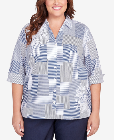 Alfred Dunner Plus Size A Fresh Start Embroidered Stripe Patch Button Down Top In Navy