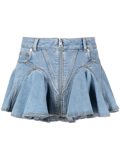 Mugler Ruffled Cotton Denim Mini Skirt In Blue