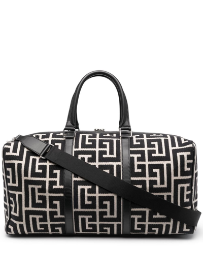 Balmain Monogram-pattern Two-tone Holdall In Black