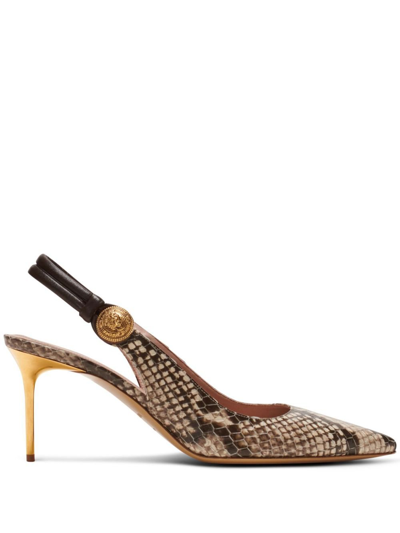 Balmain Alma Snakeskin-effect Leather Slingbacks In Brown