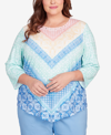 ALFRED DUNNER PLUS SIZE CLASSIC PASTELS PLEATED NECK CHEVRON TOP