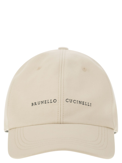 Brunello Cucinelli Cotton Canvas Baseball Cap With Embroidery In Oat