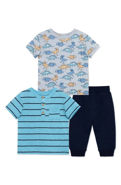 Little Me Babies' Dino Print T-shirt, Stripe Henley & Joggers Set In Blue