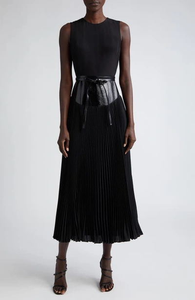 Brandon Maxwell The Claudia Leather Waist Pleated Dress In Black