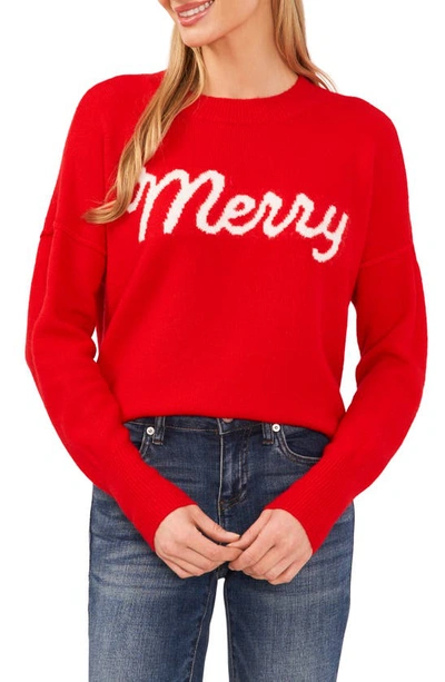 Cece Women's Merry Script Long-sleeve Cozy Sweater In Bright Cherry