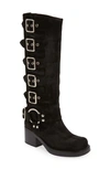 Jeffrey Campbell Trouble Buckle Boot In Black Oiled Suede Silver