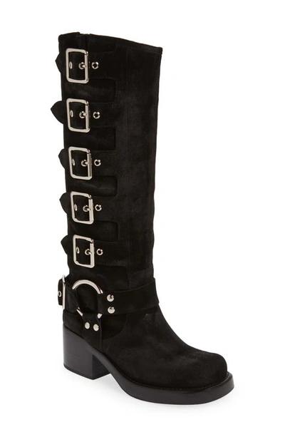 Jeffrey Campbell Trouble Buckle Boot In Black Oiled Suede Silver