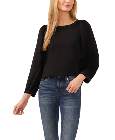 Cece Women's Long Sleeve Puff Sleeve Blouse With Topstitching In Rich Black