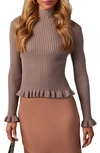 Vici Collection Bevelle Rib Ruffle Accent Mock Neck Sweater In Mocha
