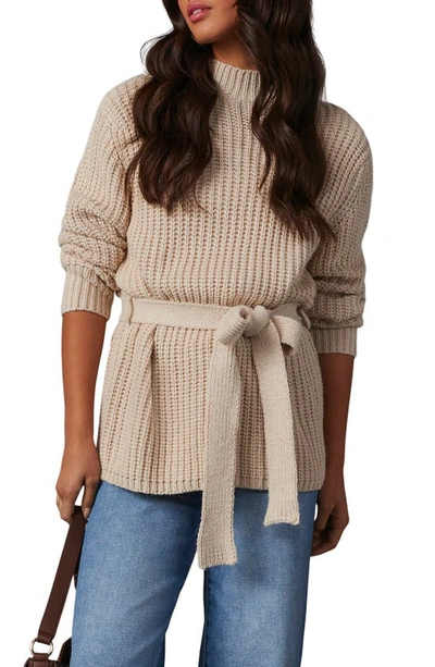 Vici Collection Wixson Rib Belted Mock Neck Sweater In Ecru