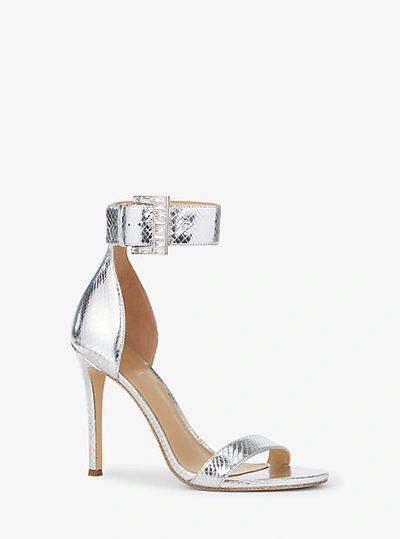 Michael Kors Giselle Metallic Snake Embossed Leather Sandal In Silver