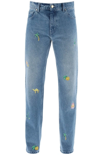 Casablanca Embroidered-design Cotton Straight-leg Jeans In Blue