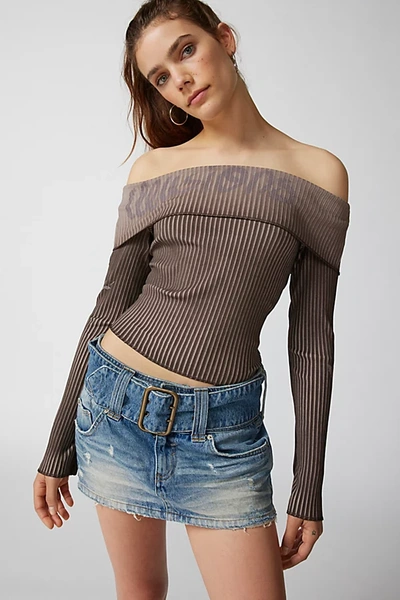 Urban Outfitters Y2k Ribbed Off-the-shoulder Top In Brown, Women's At