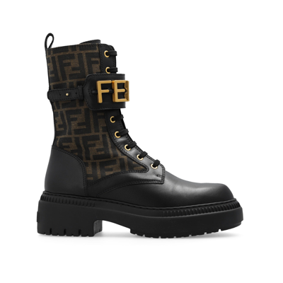 Fendi Graphy Ankle Boots In Leather And Fabric With Ff Jacquard Monogram In Black,tobacco,black