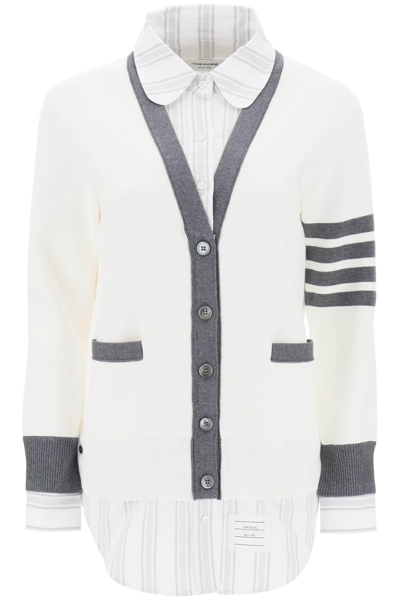 Thom Browne Layered Striped Oxford Cotton And Knitted Cardigan In White