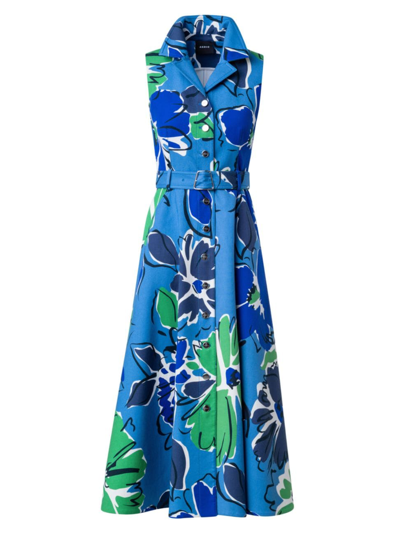 Akris Abraham Floral Print Belted Midi Dress In Denim Leaf