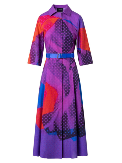 Akris Superimposition Print Voile Belted Shirtdress In Purple Multicolor