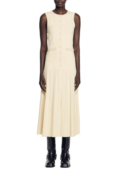 Sandro Naima Imitation Pearl Button Front Sleeveless Midi Dress In Beige