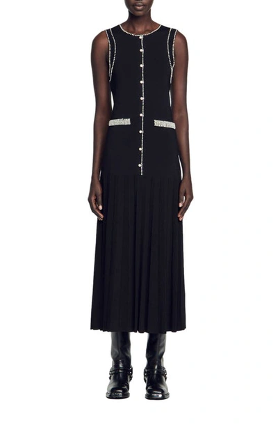Sandro Naima Imitation Pearl Button Front Sleeveless Midi Dress In Black