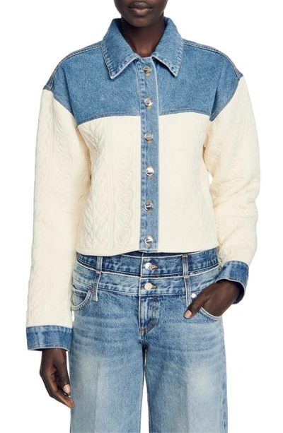 Sandro Ralph Quilted Denim Mixed Media Jacket In White
