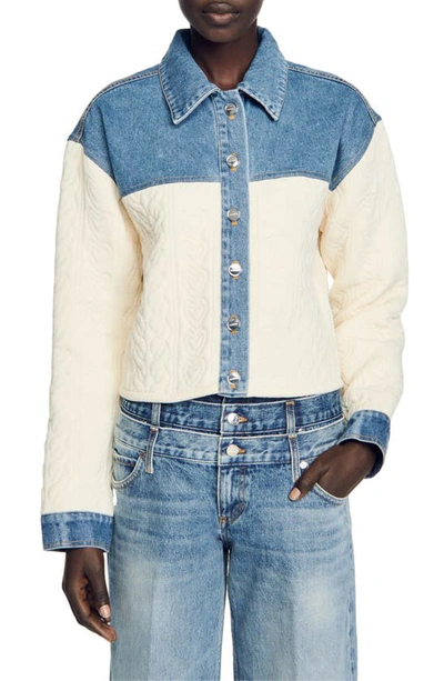 Sandro Ralph Quilted Denim Mixed Media Jacket In Ecru