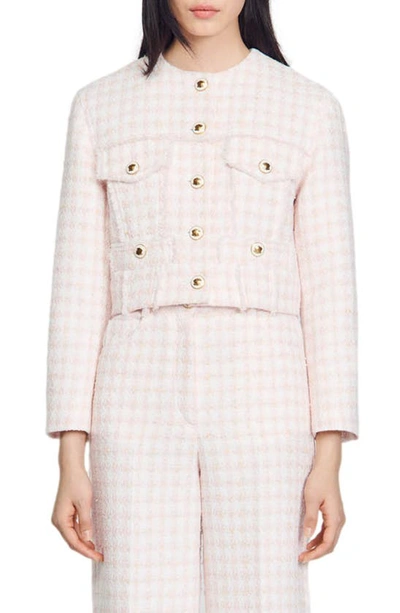 Sandro Jacke Aus Metallic-tweed Mit Fransen In Baby-pink