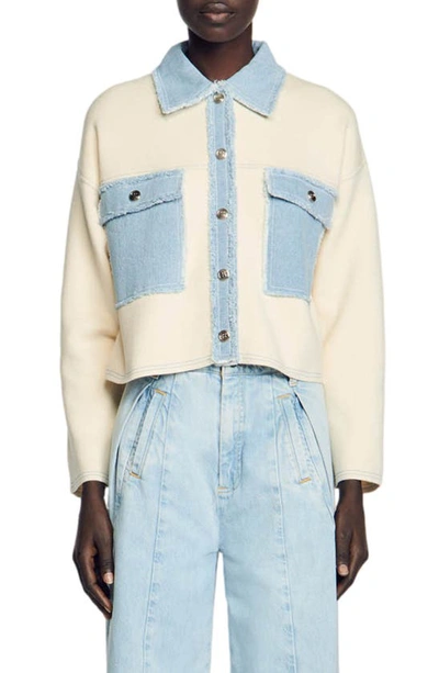 Sandro Dolly Denim Trim Button-up Jumper In Ecru