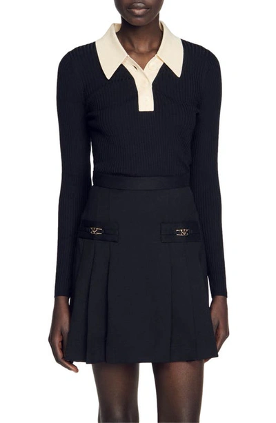 Sandro Gabb Rib Long Sleeve Sweater Dress In Black