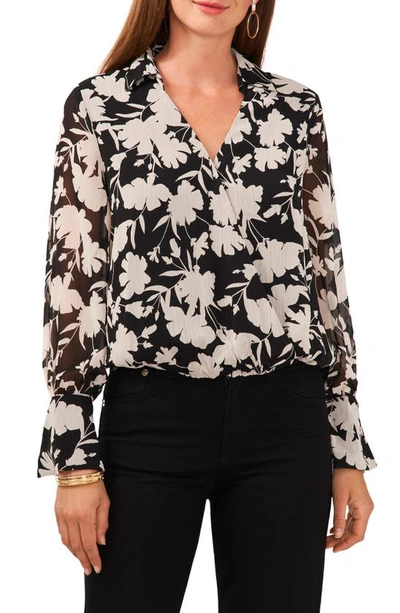 Vince Camuto Floral Long Sleeve Bubble Top In Rich Black