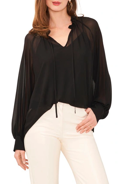 Vince Camuto Ruffle Neck Raglan Long Sleeve Chiffon Top In Rich Black