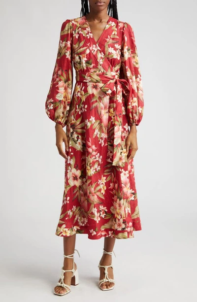 ZIMMERMANN LEXI FLORAL LONG SLEEVE LINEN WRAP DRESS