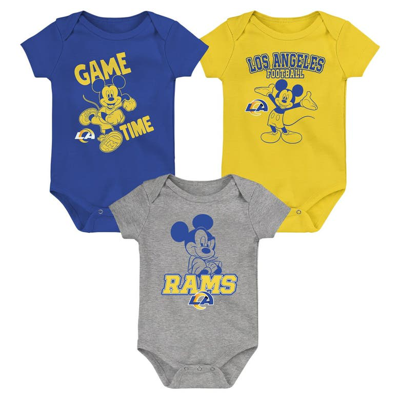 Outerstuff Baby Boys And Girls Royal, Gold, Gray Los Angeles Rams Three-piece Disney Game Time Bodysuit Set In Royal,gold