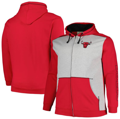 Fanatics Men's  Red, Heather Gray Chicago Bulls Big And Tall Contrast Pieced Stitched Full-zip Hoodie In Red,heather Gray