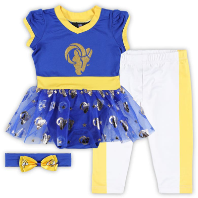 Jerry Leigh Babies' Girls Infant Royal Los Angeles Rams Tailgate Game Day Bodysuit With Tutu, Headband & Leggings Cheerl