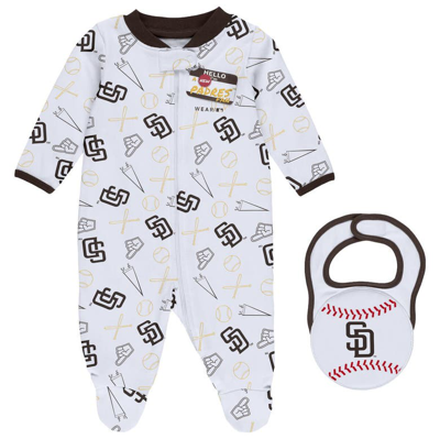 Wear By Erin Andrews Babies' Newborn & Infant  White San Diego Padres Sleep & Play Full-zip Footed Jumper Wit In Brown