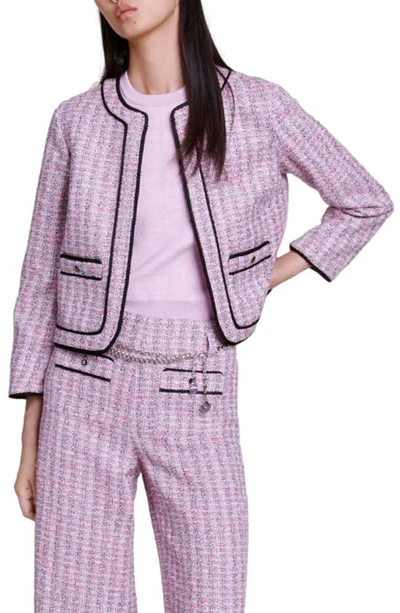 Maje Vatri Tweed Tipped Open Front Jacket In Pink /