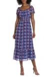 Maggy London Geo Print Short Sleeve Midi Dress In Bright Blue/ Red