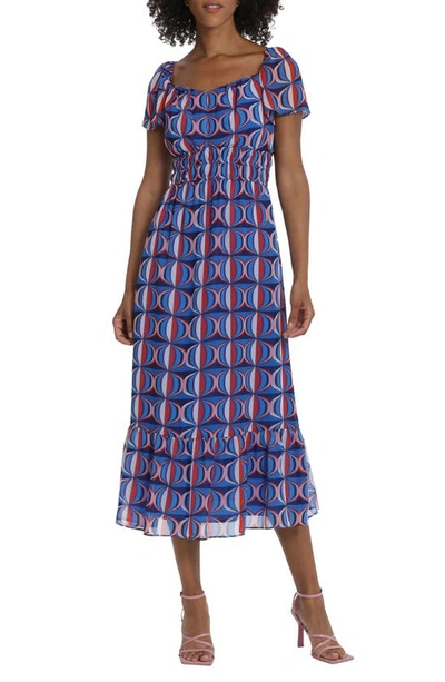 Maggy London Geo Print Short Sleeve Midi Dress In Bright Blue/ Red