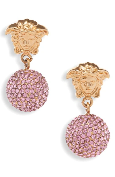 Versace Medusa Crystal Drop Earrings In  Gold/ Rose