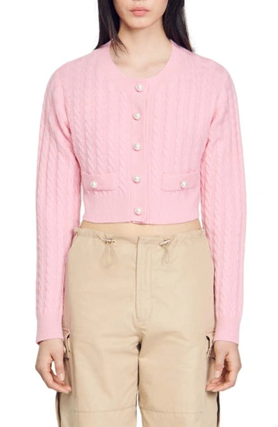 Sandro Elina Cable Stitch Wool Blend Crop Cardigan In Pink