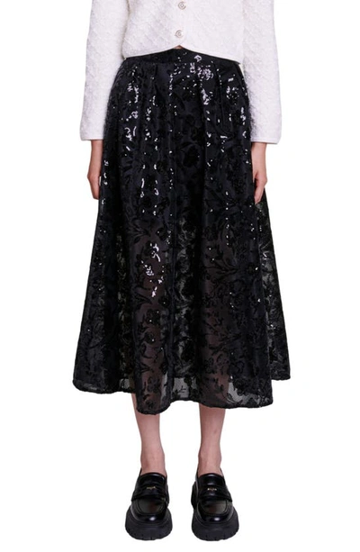 Maje Sequinned Mesh Midi Skirt In Noir / Gris