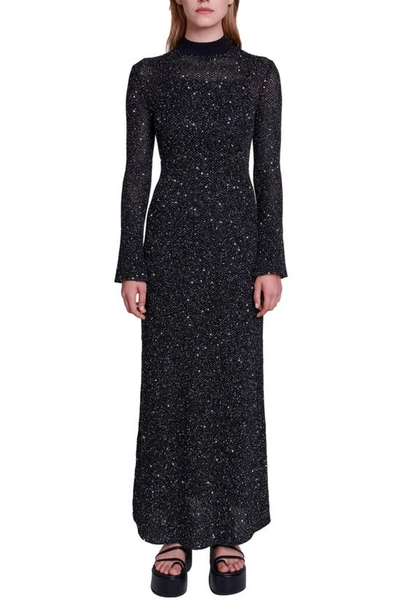 Maje Sequinned Open-knit Maxi Dress In Black