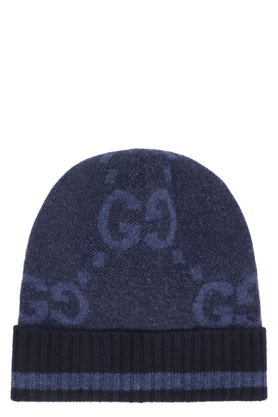 Gucci Gg-patterned Knitted Beanie In Blue