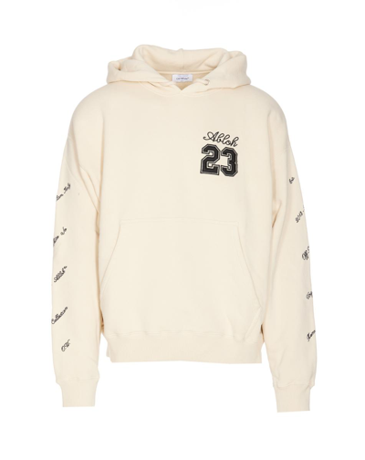 Off-white Embroidered-logo Cotton Hoodie In Beige