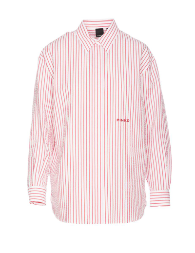 Pinko Logo-embroidered Striped Shirt In White/red